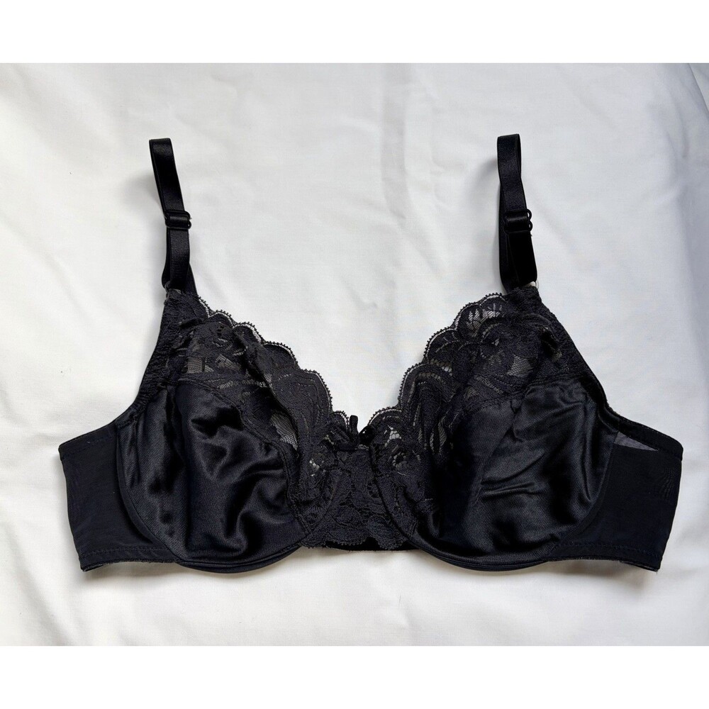 Vintage Vanity Fair 75-164 Black Sheer Lace Satin Underwire Bra Sz 34C